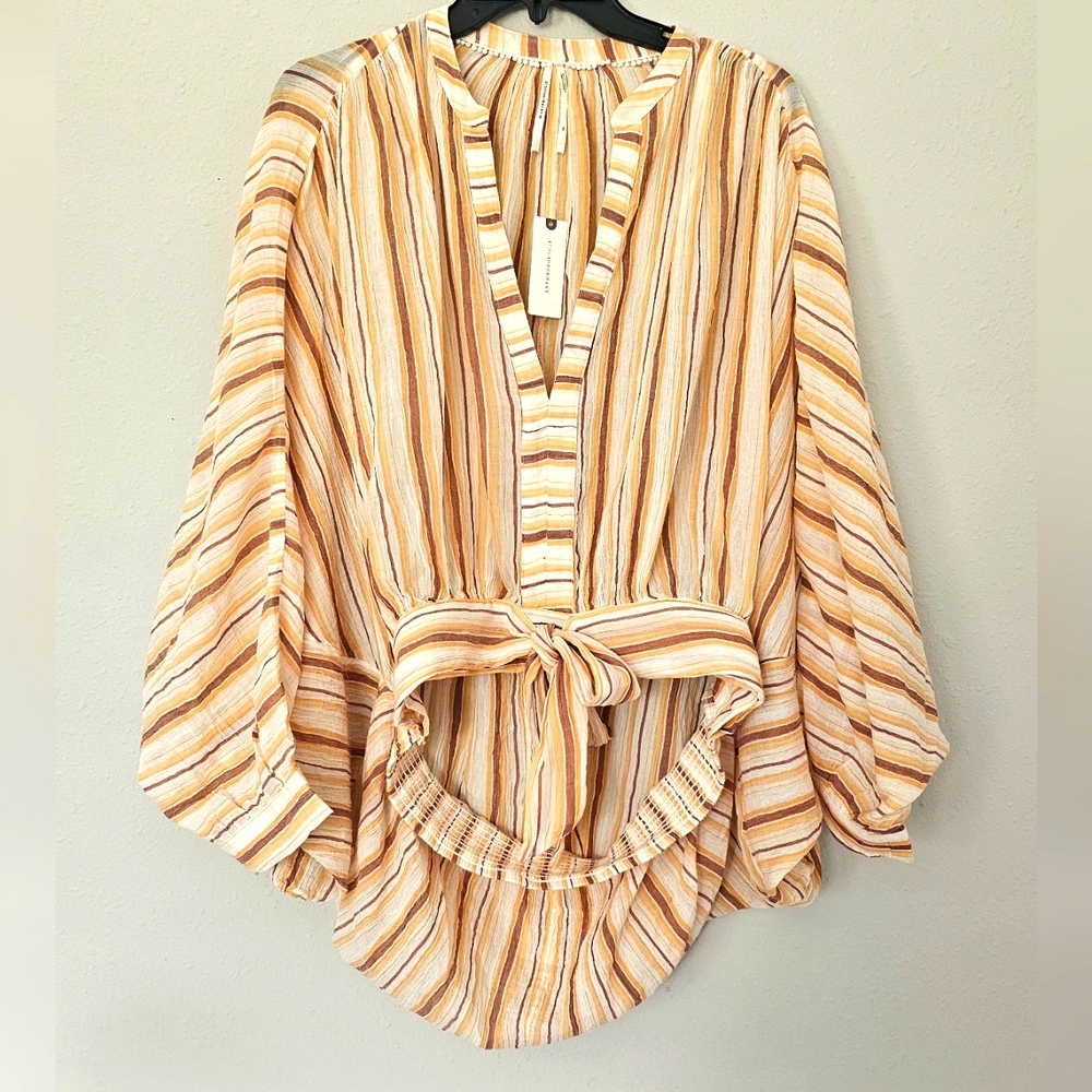 Anthropologie Striped Tie-Waist Blouse in Cream, Tan & Gold